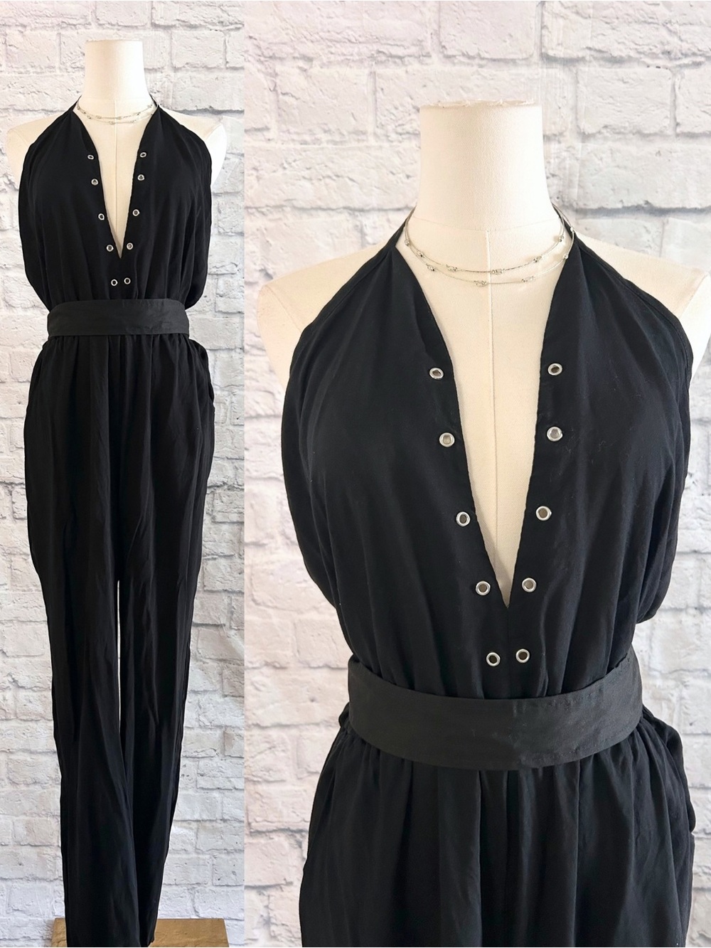 Lulu's Black Jumpsuit Halter Open Back Metal Grommet Trim 100% Rayon Deep V-Neck